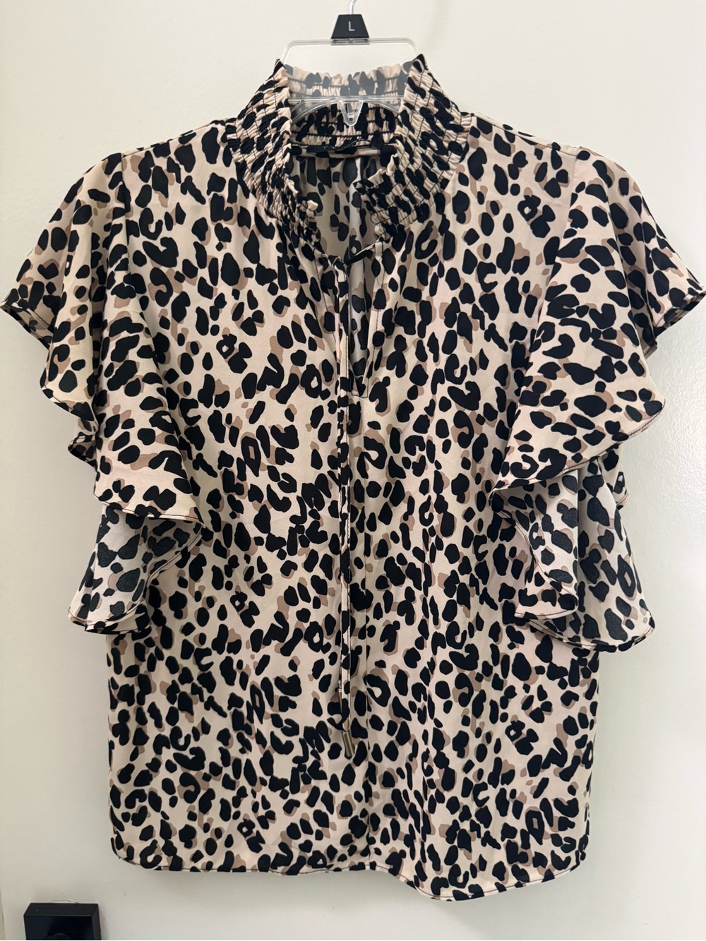 T Tahari Black and Beige Leopard Print Ruffle Sleeve Blouse